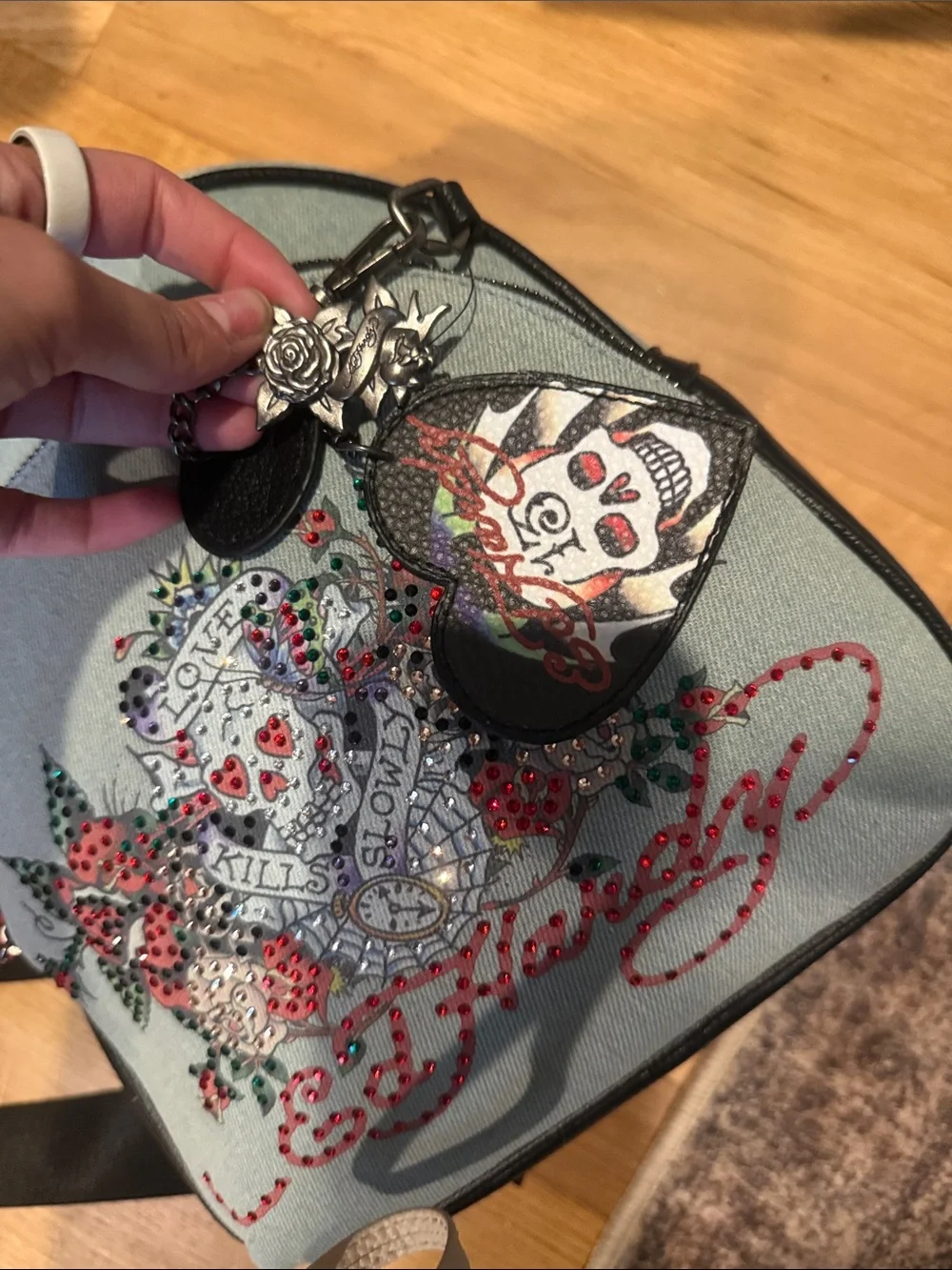 Ed Hardy Light Denim Floral Skull Mini Backpack NWT